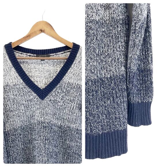 Ann Taylor Womens S Chunky V-Neck Sweater‎ Color Block Stripes Blue White - Picture 3 of 5